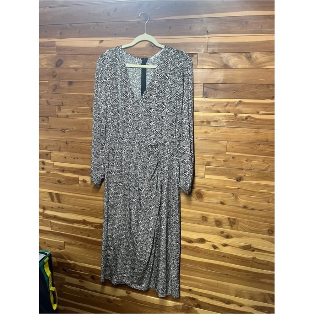 Zara Midi Dress Women Large Black White Geometric Ruched Slit Excellent V-Neck - Picture 2 of 6